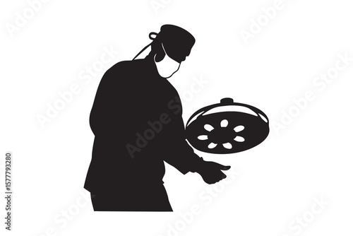 Silhouette of Surgeon in Operating Room with Surgical Light Wearing Mask and Cap Medical Professional Healthcare Concept Vector Illustration