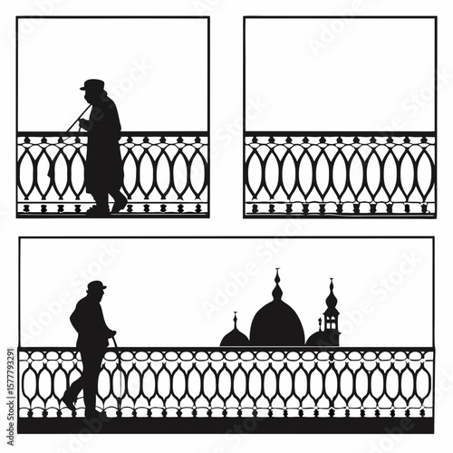 Man walking with cane and city skyline silhouette vector