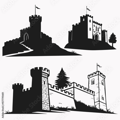 Medieval fortress towers and walls silhouettes castle