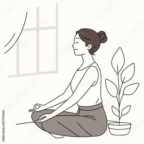 Asian woman meditating in lotus position at home, ideal for relaxation, wellbeing, or health promotions.