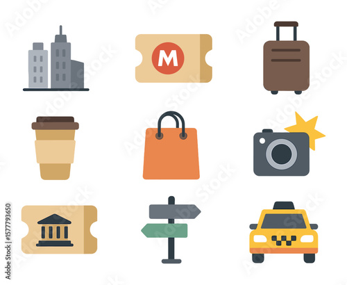 City Break Icon Set. Flat icon set of city break advertisements: skyline, metro ticket, luggage, coffee cup,