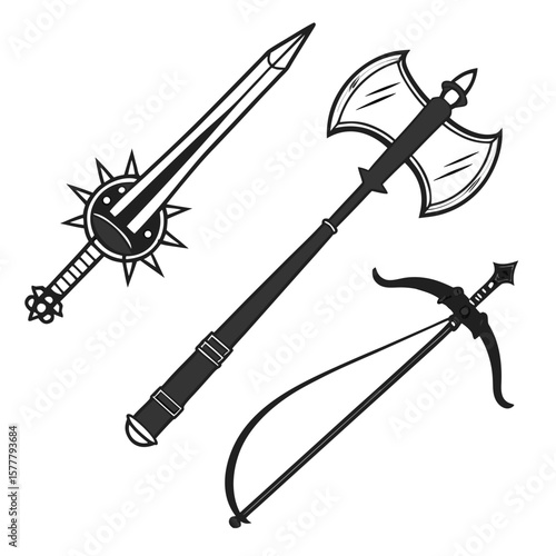 Medieval weapon silhouettes sword axe crossbow vector