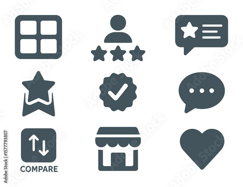 Mobile Marketplace Icons. Flat icon set of mobile marketplace features: product grid, seller rating, product