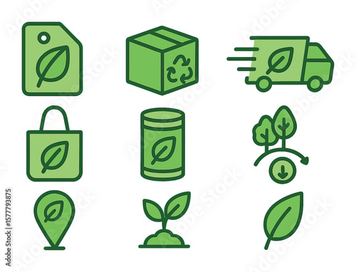Sustainable Shopping Icons. Flat icon set of sustainable mobile shopping: eco-friendly label, recycled box,