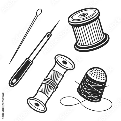 Needle awl thread spool thimble sewing tools vector