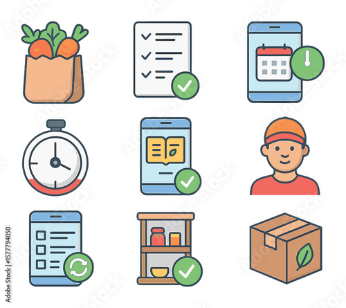 Mobile Grocery Icon Set. Flat icon set of mobile grocery delivery: veggie bag, shopping list, delivery slot,