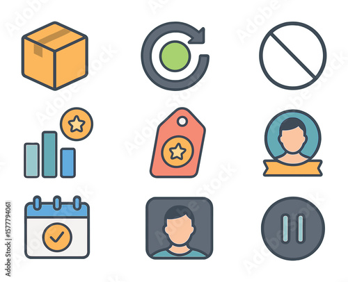Subscription Icons Grid. Flat icon set of subscription-based shopping: monthly box, auto-renew icon, cancel