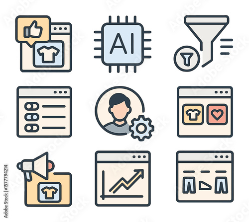 Shopping Tools Icons. Flat icon set of personalized shopping tools: product recommendation, AI icon, smart