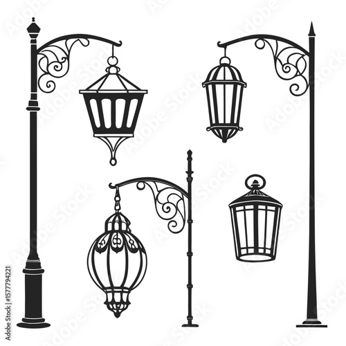 Ornate street lamps with decorative flourishes black silhouette