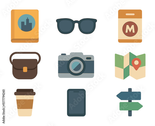 City Break Essentials. Flat icon set of city break items: travel guide, sunglasses, metro ticket, crossbody