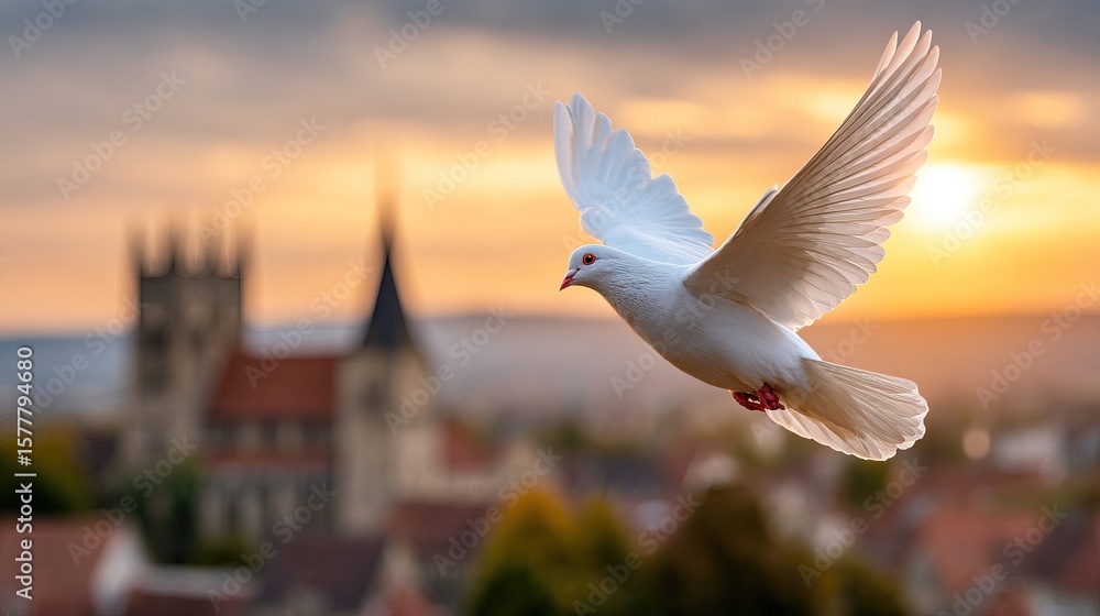 custom made wallpaper toronto digitalWhite Dove Flying Above European Cathedral at Sunrise – Spiritual Pentecost Sunday Concept with Golden Light and Peaceful Atmosphere