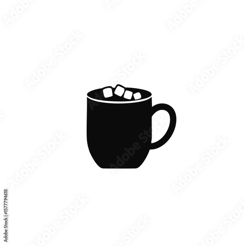 Black mug with marshmallows drink hot chocolate