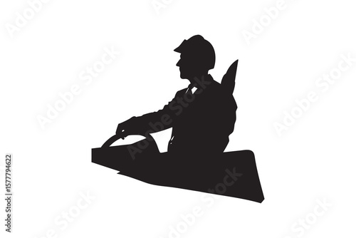 Silhouette of a Man Driving a Go Kart Wearing a Hat Racing on a Track Isolated on White Background Vector Illustration