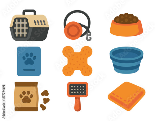 Pet Travel Essentials. Flat icon set of travel with pets items: pet carrier, leash, food bowl, pet passport,