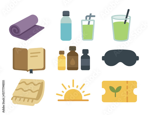 Wellness Retreat Icons. Flat icon set of wellness retreat items: yoga mat, water bottle, healthy smoothie,