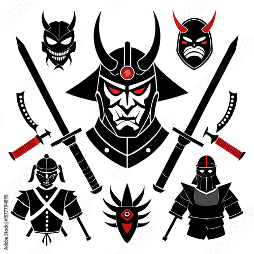 Samurai warrior masks and weapons collection helmet