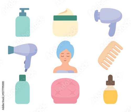 Hair Spa Essentials. Flat icon set of hair spa care: shampoo bottle, hair mask jar, scalp massager, hairdryer,