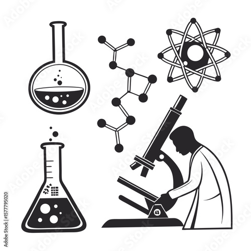Science lab icons scientist microscope flasks molecules atom