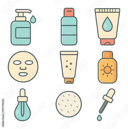 Skincare Essentials Icons. Flat icon set of skin care routine: cleanser, toner, moisturizer, face mask,