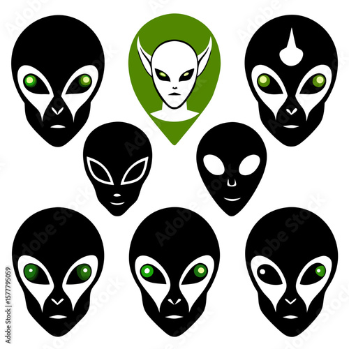 Seven alien faces green eyed creatures extraterrestrial