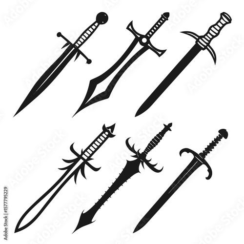 Six black fantasy sword silhouettes weapon blade