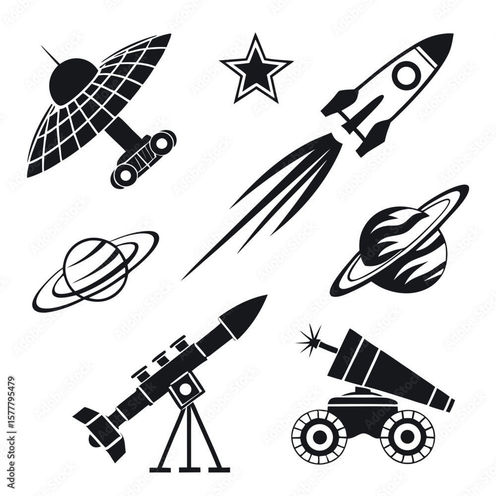 Obraz premium Space exploration objects rocket satellite planets telescope