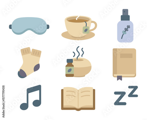 Calming Bedtime Icons. Flat icon set of calming bedtime routine: eye mask, sleep tea, lavender spray, cozy