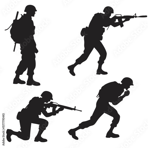 Soldiers in various action poses military silhouette