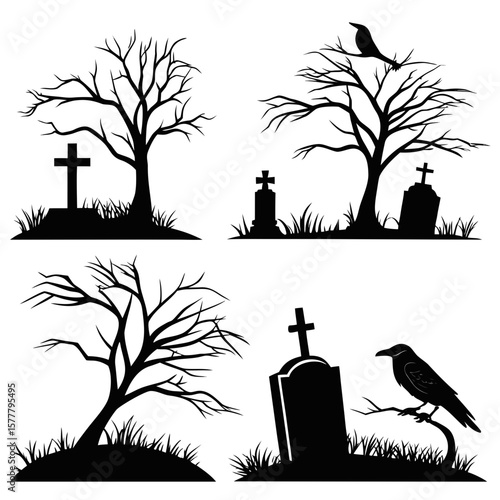 Spooky cemetery scene silhouettes with bare trees and crows