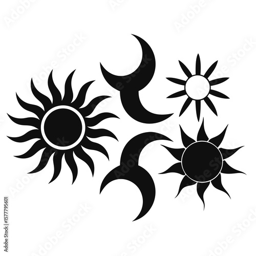 Stylized black sun and crescent moon icons celestial