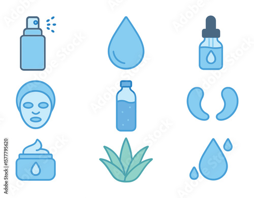 Skin Hydration Icons. Flat icon set of skin hydration essentials: mist spray, water drop, hyaluronic serum,