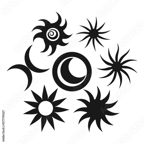 Stylized celestial bodies sun moon crescent shapes