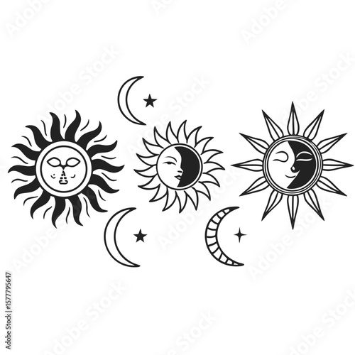 Stylized sun and moon celestial icons crescent star