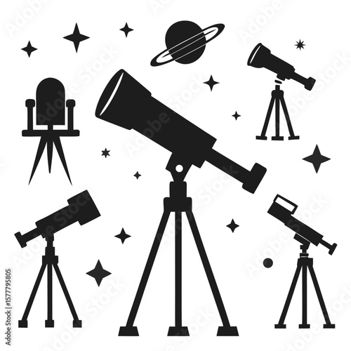 Telescopes and celestial bodies silhouettes observatory