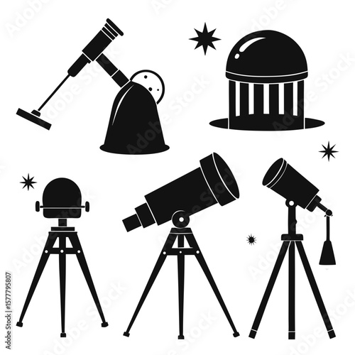 Telescopes and observatory silhouettes astronomy science