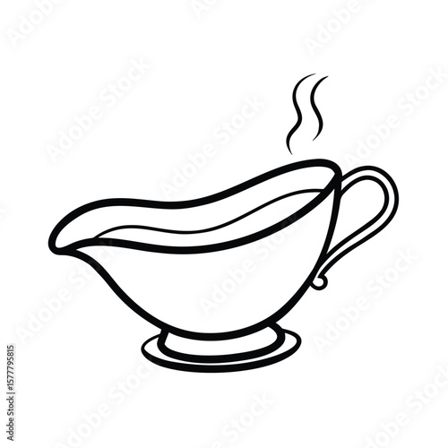 Handdrawn gravy boat with steam rising from the sauce on a vector