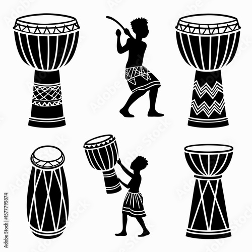 Tribal drummers playing percussion instruments rhythm