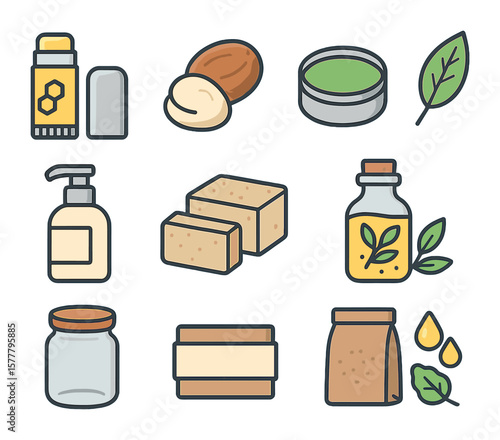Handmade Cosmetic Icons. Flat icon set of handmade cosmetic products: beeswax stick, shea butter, herbal balm,