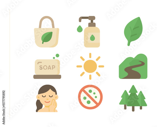 Sustainable Beauty Icons. Flat icon set of sustainable beauty lifestyle: cotton bag, refill station, green