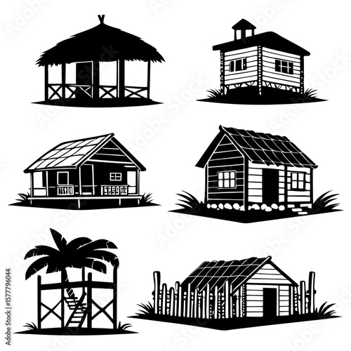 Tropical village huts and palm tree silhouette cottages