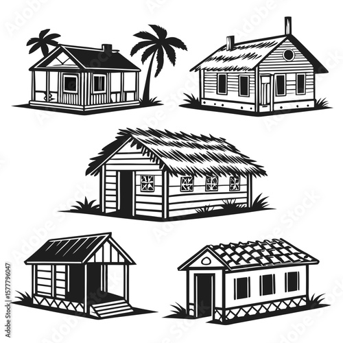 Tropical village huts and palm trees cottages houses