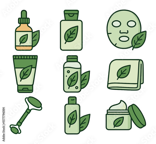 Green Skincare Icons. Flat icon set of green skincare routine: plant-based serum, natural cleanser, botanical