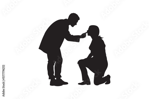 Silhouette of a doctor examining a patient the patient is kneeling the doctor is touching the patient s nose isolated on a white background