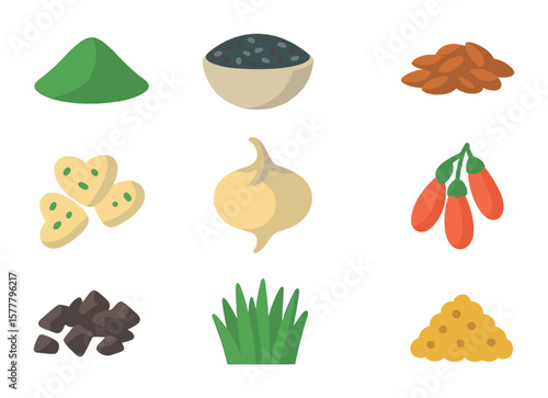 Superfoods Icon Set. Flat icon set of superfoods: spirulina powder, chia seeds, flaxseed, hemp hearts, maca