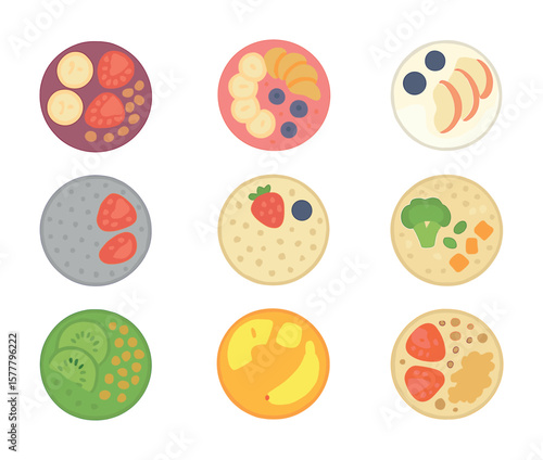 Healthy Breakfast Bowl Icons. Flat icon set of healthy breakfast bowls: acai bowl, smoothie bowl, fruit and