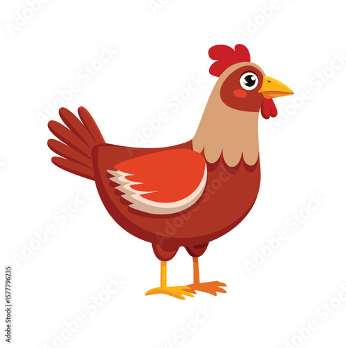 Cartoon chicken with red feathers and yellow beak poultry bird