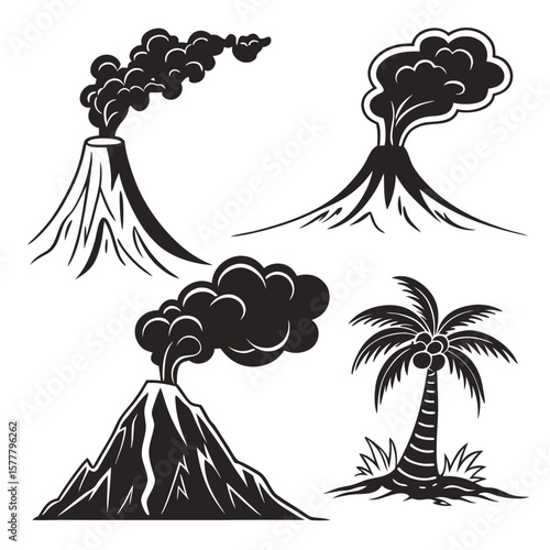Volcano eruptions and palm tree silhouettes smoke cloud