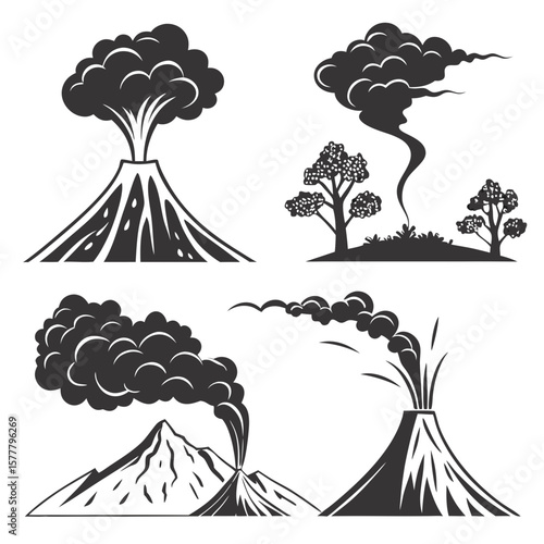 Volcano eruptions with smoke plumes lava