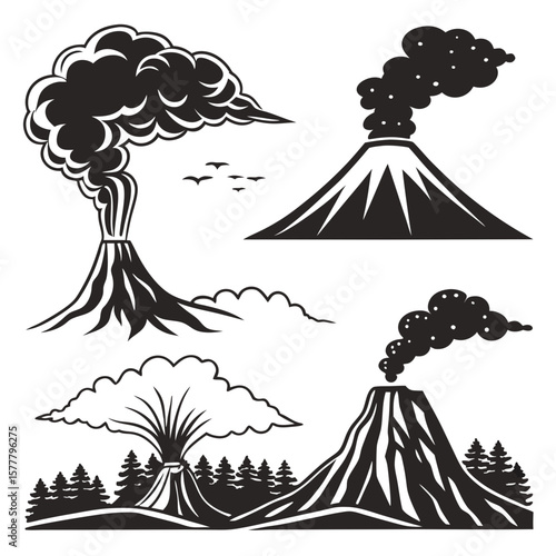 Volcano eruptions with smoke and birds lava