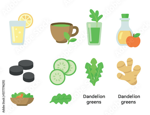 Detox Foods Icons. Flat icon set of detox foods: lemon water, green tea, celery juice, activated charcoal,